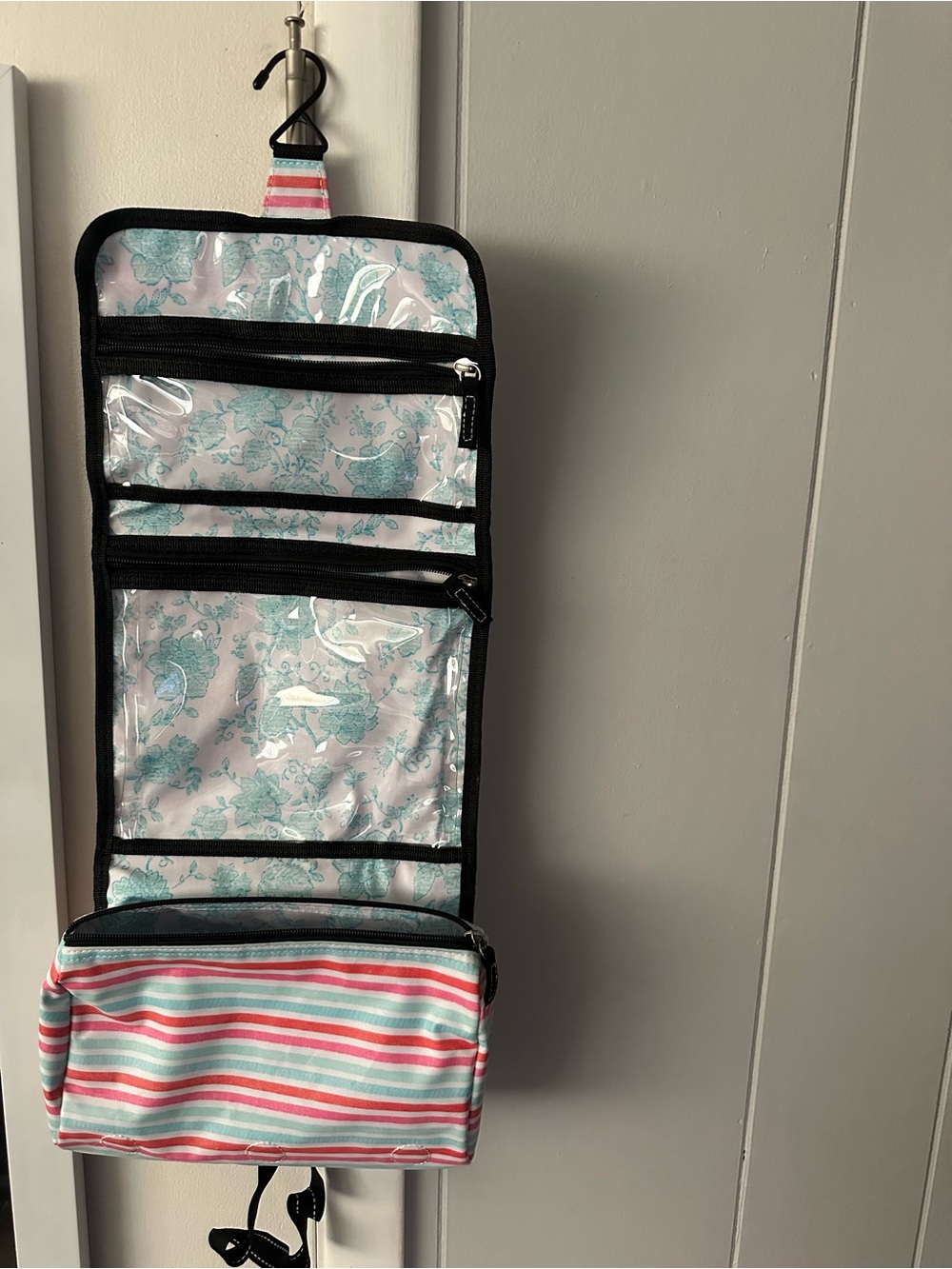 Scout Striped Toiletry Kit in Pink and Mint with Black Trim - Picture 2 of 3